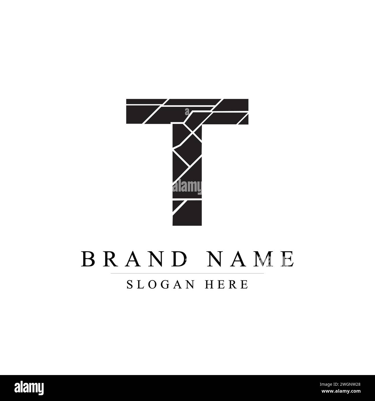 Lettre T cassée de verre et de pièces illustration de logo vectoriel sur fond blanc, pièces cassées formant la lettre T. Illustration de Vecteur