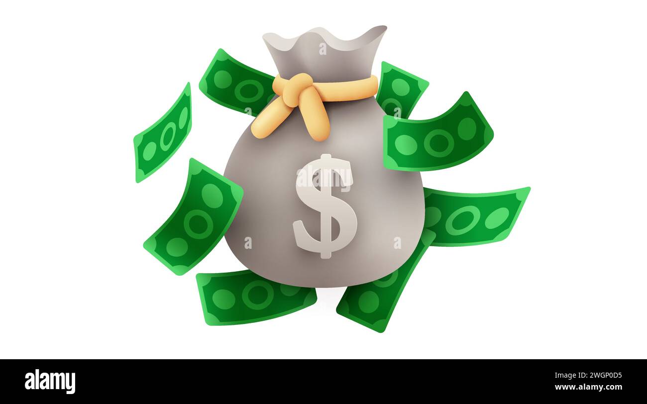 Sac d'argent ou sac d'argent avec papier-monnaie. illustration de dessin animé 3d isolé sur fond blanc. Concept de profit, d'épargne, de gains. Illustration vectorielle Illustration de Vecteur