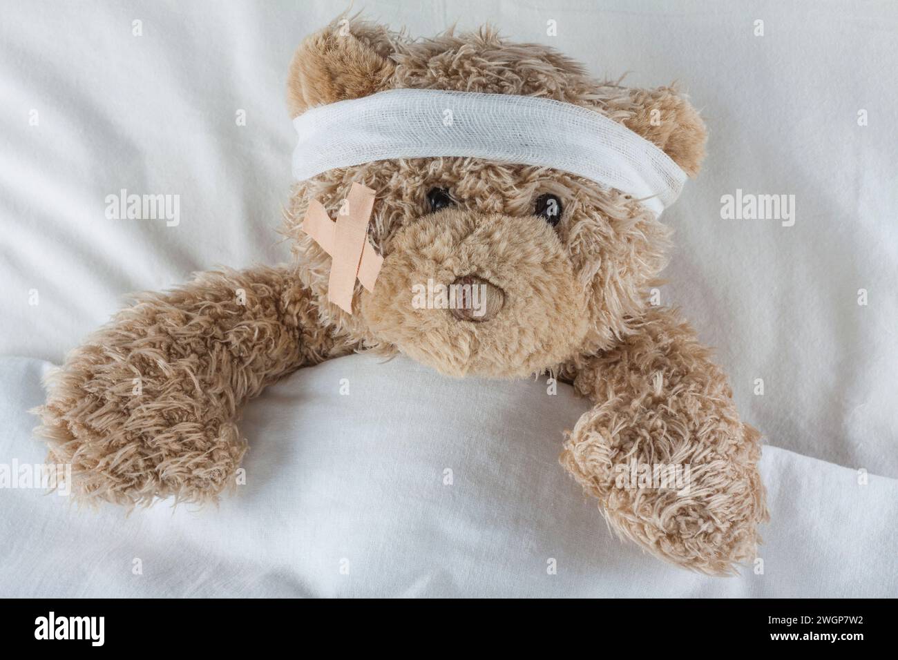Ours en peluche blessé enveloppé dans des bandages Banque D'Images