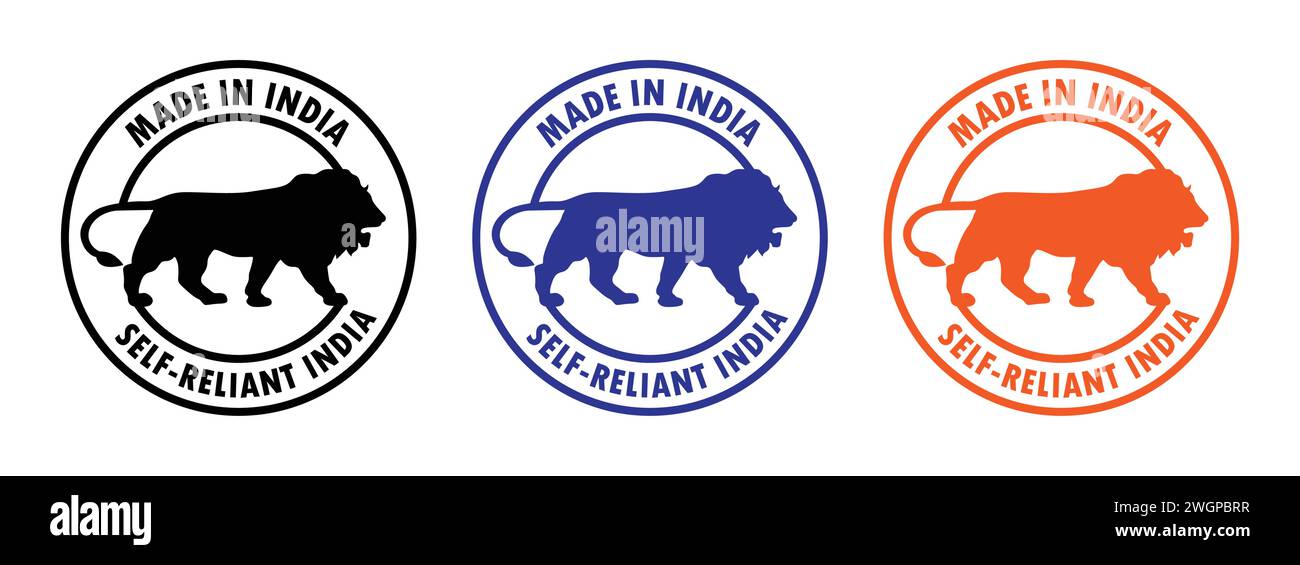 Fabriqué en Inde ensemble d'icônes de timbre. Auto-reliant India en noir, bleu et orange. Icône de symbole fabriqué en Inde pour les produits indiens et l'usage industriel. Illustration de Vecteur