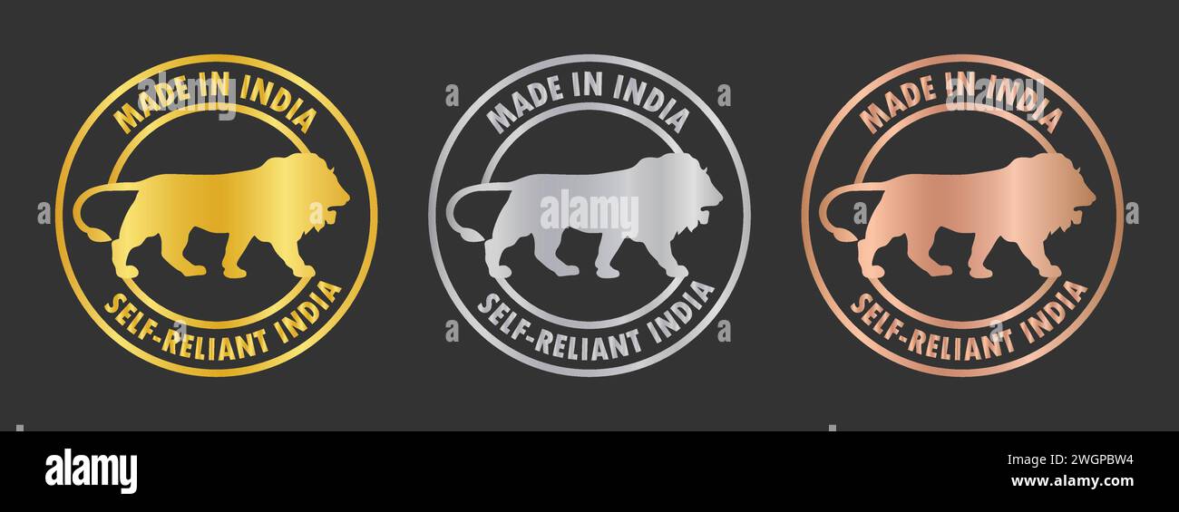 Fabriqué en Inde ensemble d'icônes de timbre. Auto-reliant Inde en couleur or, argent et bronze. Fabriqué en Inde icône de symbole ensemble pour les produits indiens et industriels. Illustration de Vecteur