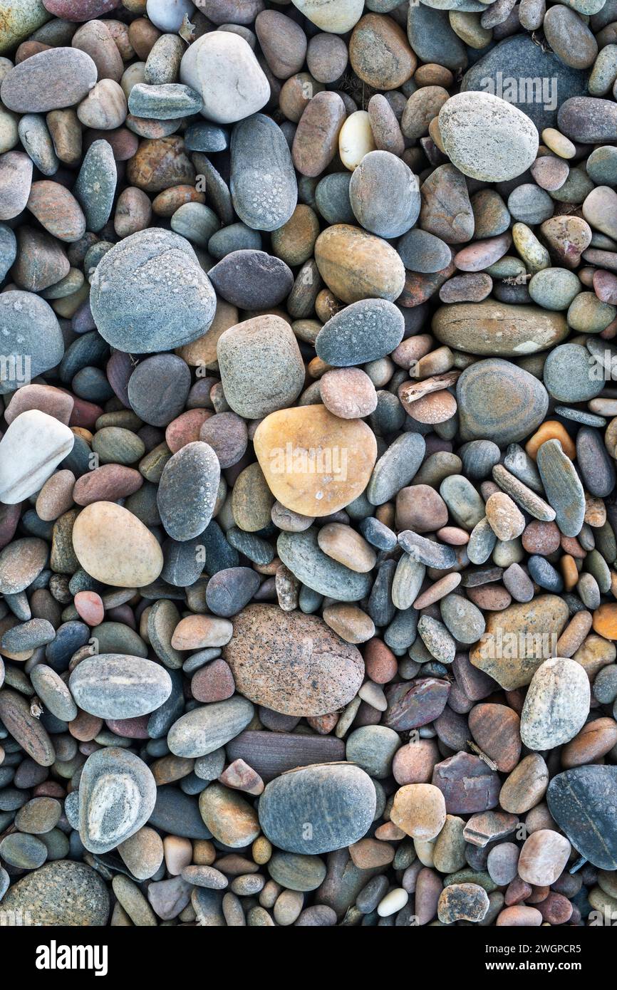 Cailloux givrés sur la plage. Morayshire, Écosse Banque D'Images