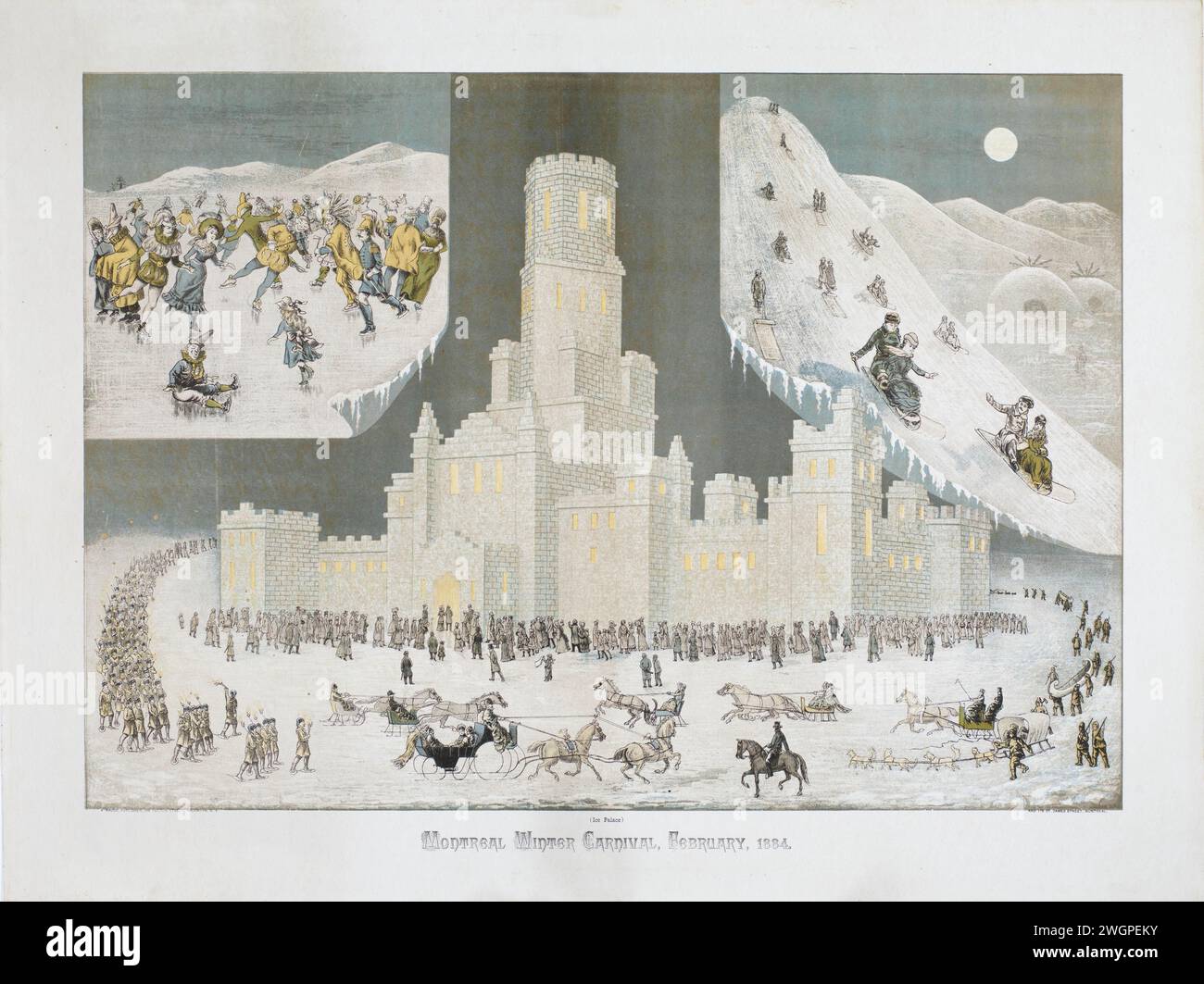 Vintage Print « Carnaval d’hiver de Montréal, février 1884 ». Cette chromolithographie montre des raquettes dans une procession aux flambeaux sur le mont Royal, la colline située au centre de la ville. Le Palais de glace était un élément fondamental des carnavals de Montréal. Banque D'Images