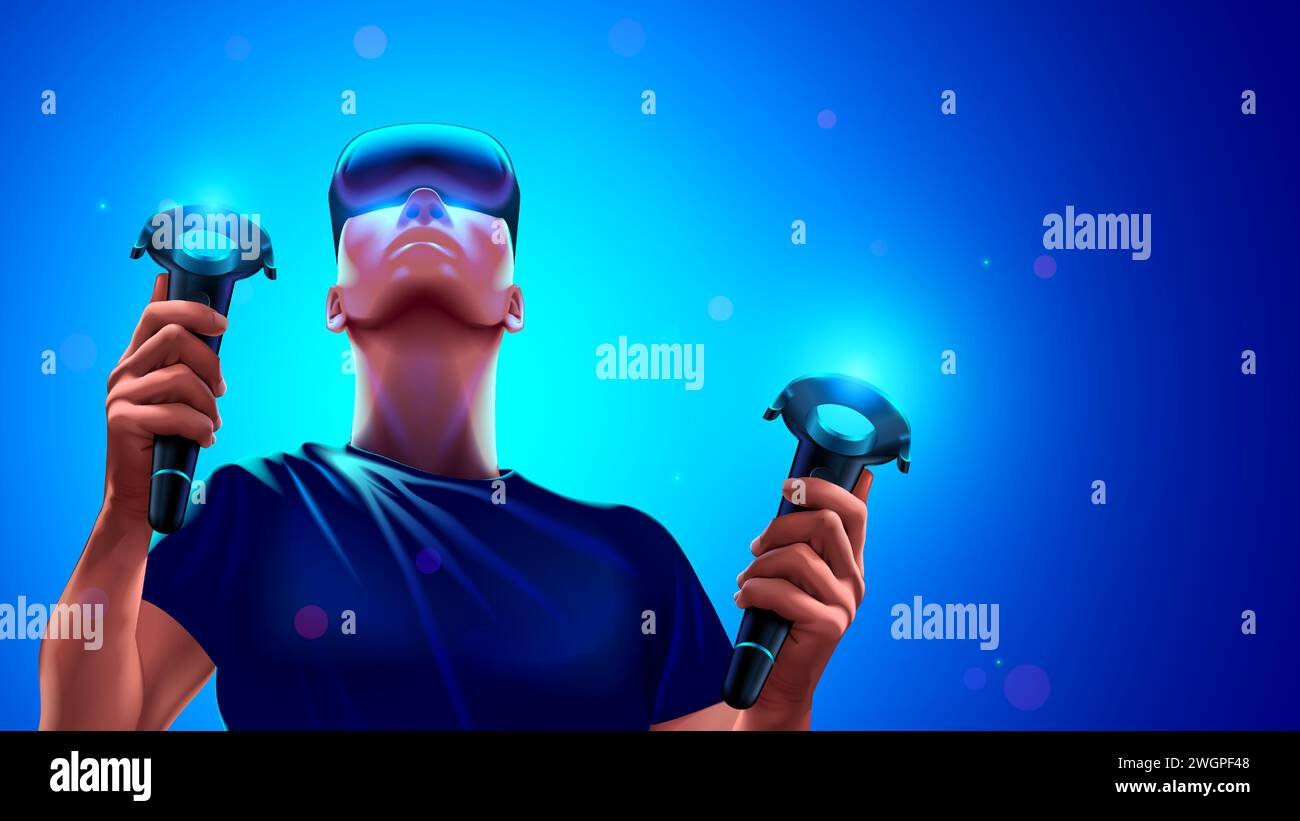 Homme dans le casque de réalité virtuelle et contrôleurs VR dans les mains. Métaverse VR. Joueur de réalité virtuelle. Jeune gars portant des lunettes de casque 3d VR jouant compu Illustration de Vecteur