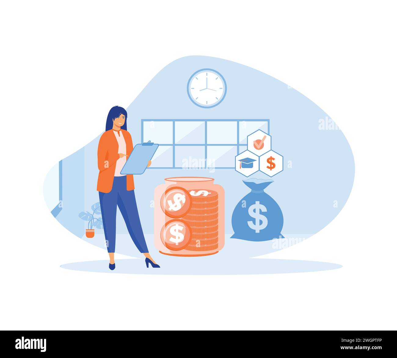 Concept de littératie financière. Femme apprendre à gérer les finances. Leçons de littératie financière. Dépenses personnelles, paiements professionnels. vecteur plat moderne i Illustration de Vecteur