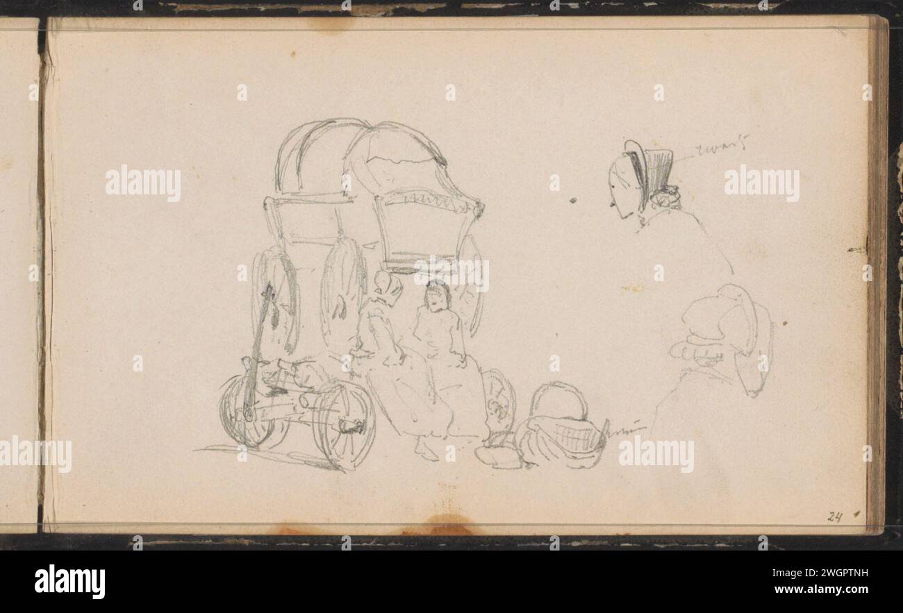 Femmes à une voiture sur un chariot, Cornelis Springer, c. 1863 deux femmes sont assises sur un chariot avec une voiture. Un panier pour eux. Sur la droite deux études d'un chapeau. Feuille 24 d'un carnet de croquis avec 55 feuilles fabriquées dans le Veluwe et dans le nord de l'Allemagne. Document néerlandais. crayon femme adulte. wagon (ferme), wagon de fret, chariot. casque Banque D'Images