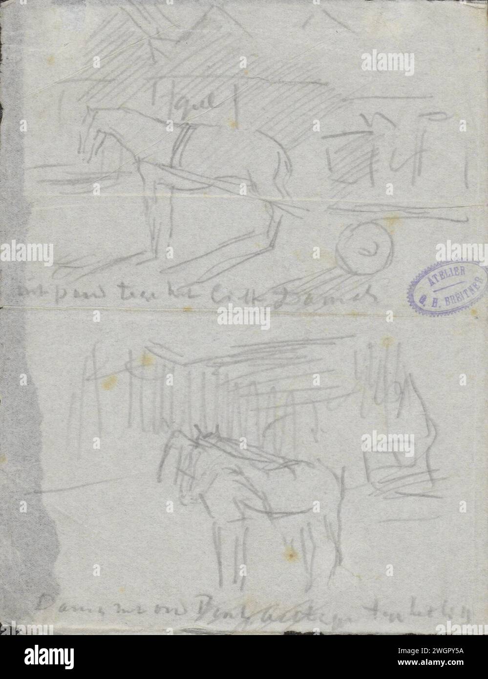 Visages à Amsterdam avec des chevaux, 1897 dessinant au-dessus d'un cheval et d'une voiture, sous deux chevaux. Papier d'Amsterdam. crayon vue sur la ville et paysage avec constructions artificielles. cheval. véhicule à quatre roues tiré par un animal nouvelle église Banque D'Images