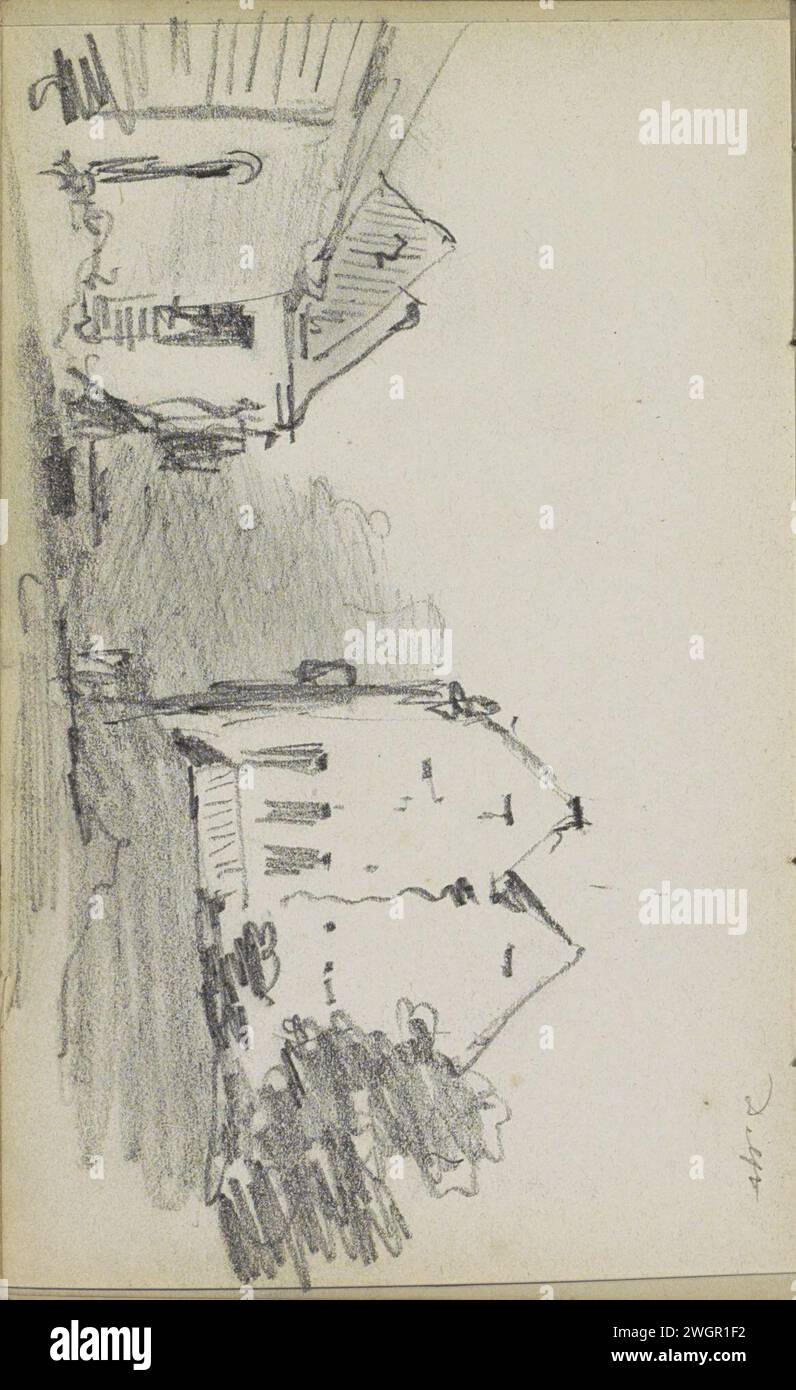 Paysage urbain à Delft, Adrianus Eversen, c. 1828 - 1897 vue des bâtiments sur une rue ou un canal à Delft. Des buissons droits et un arbre. Page 67 verso d'un carnet de croquis avec 69 feuilles réalisées dans les environs de Delft, Rotterdam, Oudewater et Harlingen. Papier de Delft. Crayon logement urbain Delft Banque D'Images