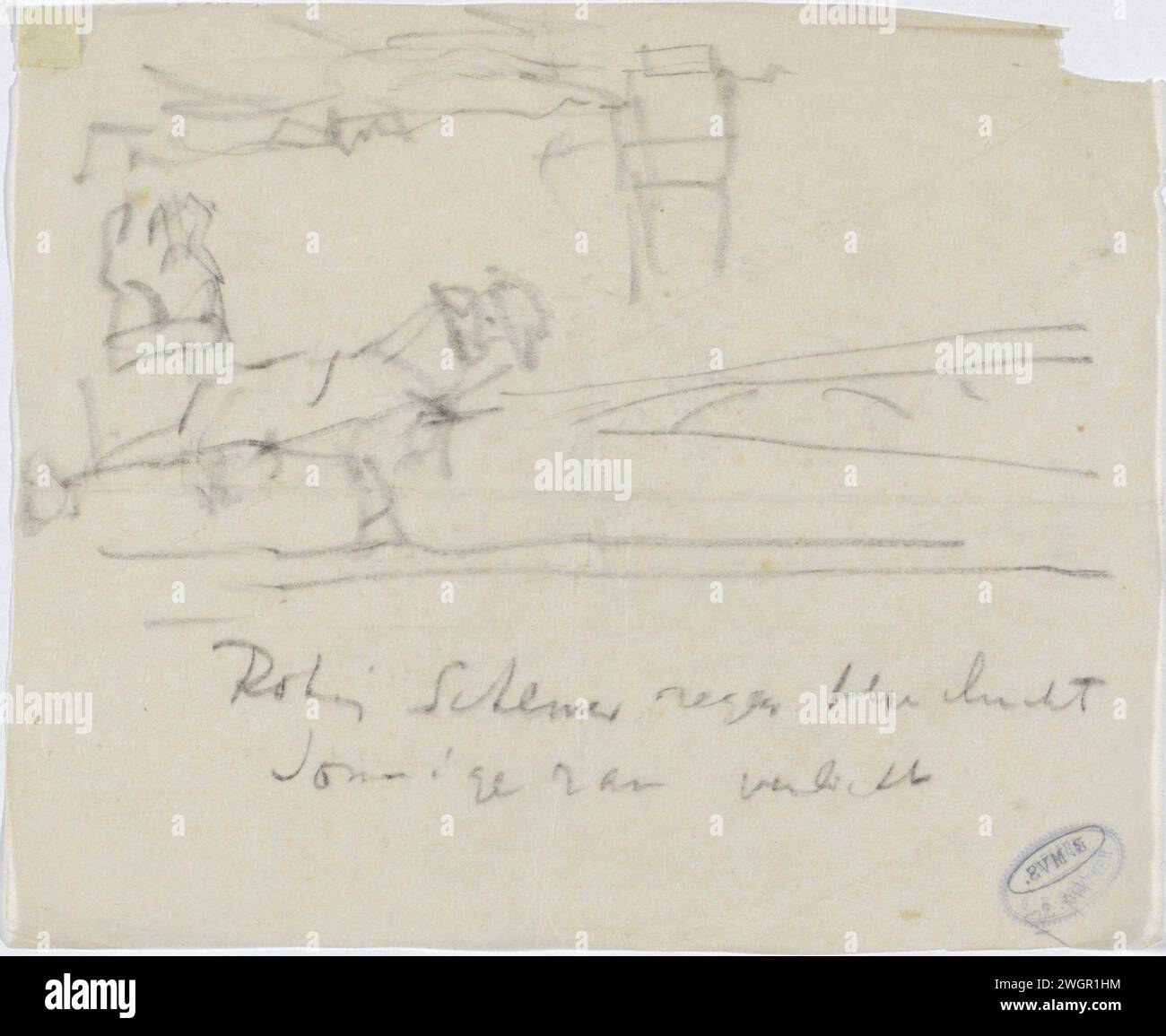 Cheval et voiture sur le Rokin à Amsterdam, 1886-1923 dessin au crépuscule et à la pluie. Papier buvard Amsterdam. rue à la craie (+ ville (-scape) avec chiffres, personnel). Véhicule à quatre roues, tiré par des animaux, par exemple : cabine, voiture, car Rock Banque D'Images