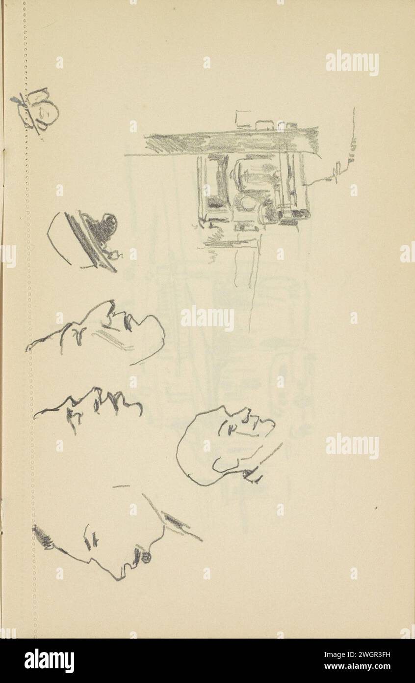 Voiture à un arbre et des têtes, 1890 - 1946 page 26 recto d'un carnet de croquis avec 73 feuilles. papier. véhicule à crayons. tête (humaine) Banque D'Images