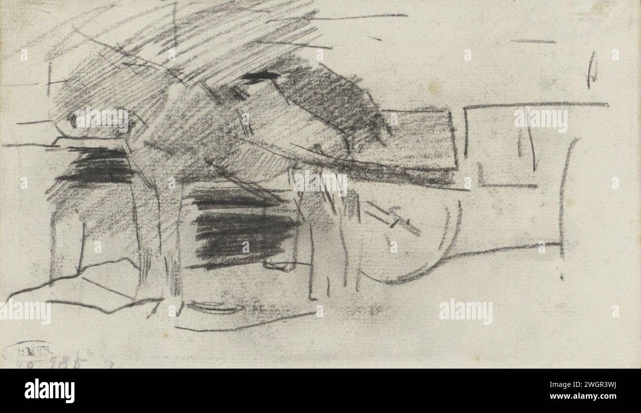 Cheval et voiture, c. 1876 - c. 1886 dessin Loosduinen (possible) papier. véhicule à quatre roues à craie tiré par un animal Banque D'Images