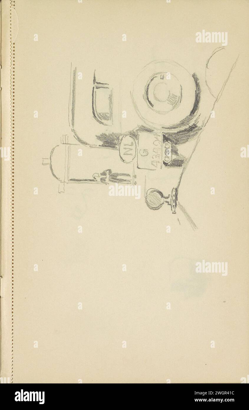 Arrière d'une voiture, 1890 - 1946 vu d'une voiture. En arrière-plan, une figure à une porte ou une ouverture de porte. Page 44 recto d'un carnet de croquis avec 73 feuilles. papier. véhicule à crayons Banque D'Images