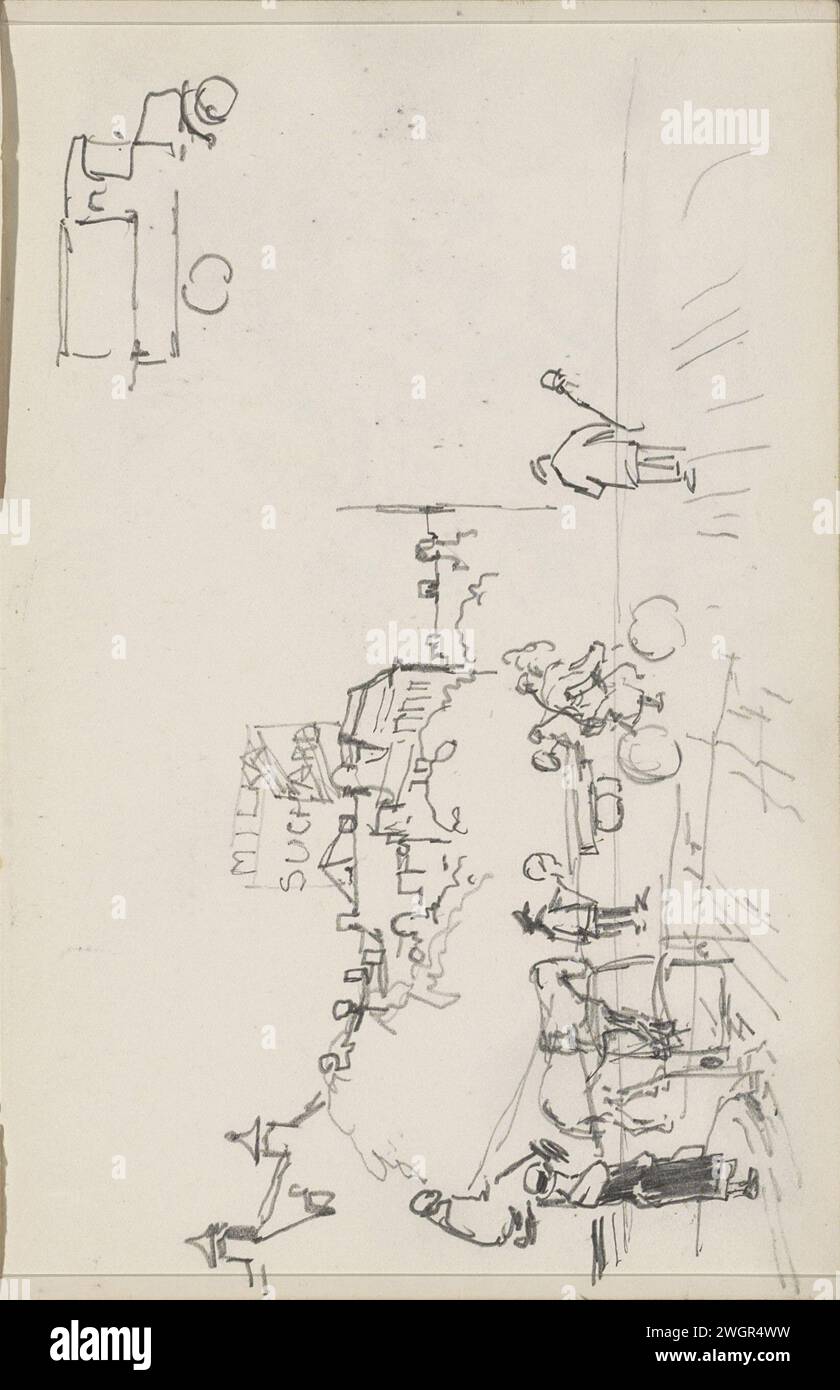 Face de rue avec des chiffres et un panneau d'affichage, 1890 - 1946 aussi une étude d'une voiture. Page 34 recto d'un carnet de croquis avec 41 feuilles. papier. rue crayon (+ ville(-scape) avec chiffres, personnel). panneau indicateur. automobile Banque D'Images