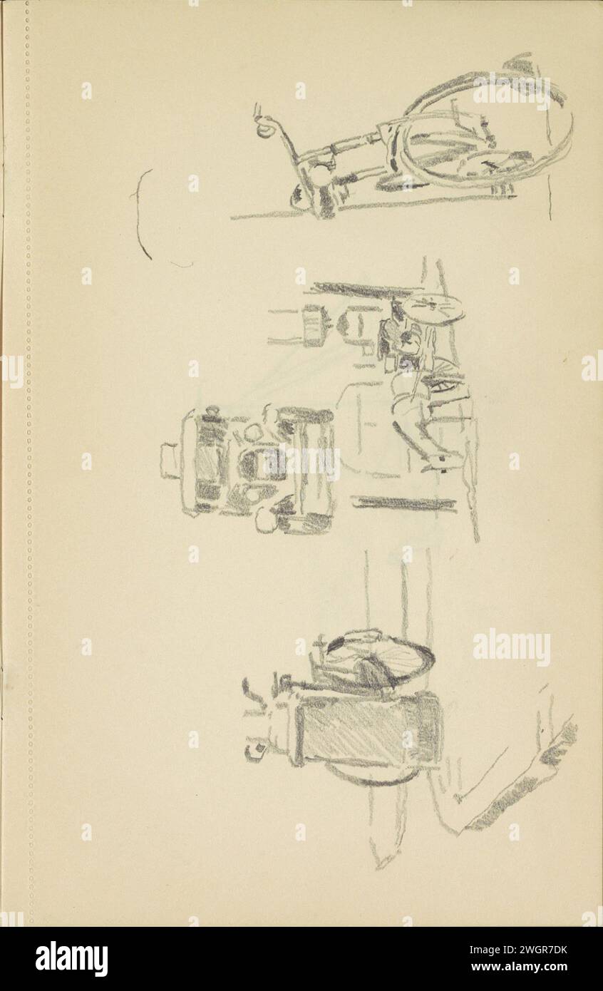 Voiture, deux vélos garés et une charrette à cheval, 1890 - 1946 feuille 38 recto d'un carnet de croquis avec 73 feuilles. papier. véhicule à crayons. bicyclette. traction animale, véhicule tracté par des animaux (transport etc.) Banque D'Images