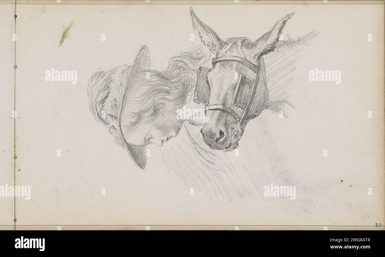 Fille avec un chapeau en osier et une tête d'âne, 1874 - 1875 page 30 recto d'un carnet de croquis avec 46 feuilles. papier. crayon fille (enfant entre tout-petit et jeune). mule. coiffure : chapeau (+ vêtements pour femmes) Banque D'Images