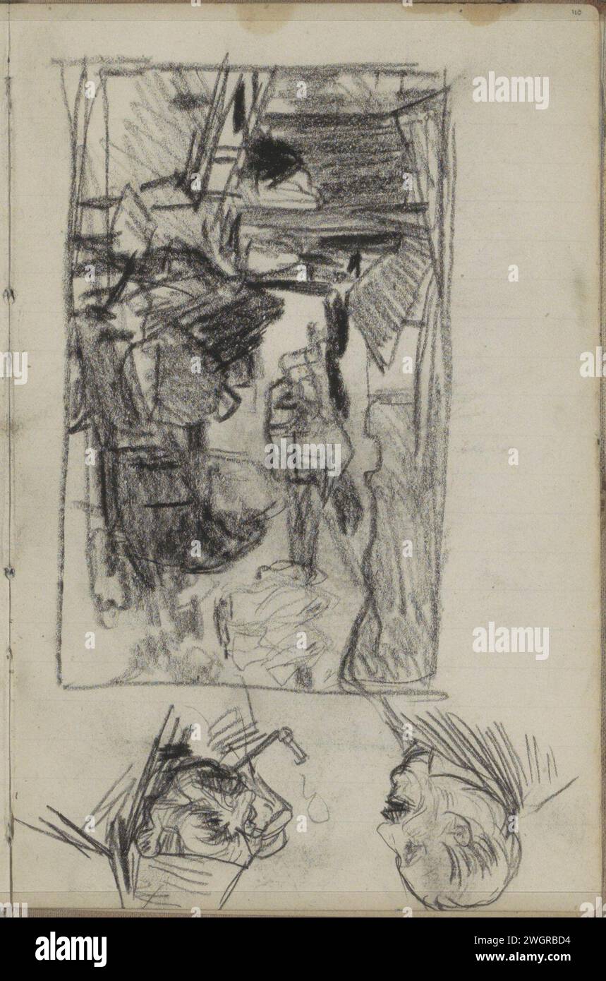 Feuille d'étude, y compris avec un homme fumant pipe, 1888 aussi une tête d'homme et une étude. Page 110 d'un carnet de croquis avec 58 feuilles. Tête de craie Istanbul (humaine). homme adulte. pipe  tabac Banque D'Images