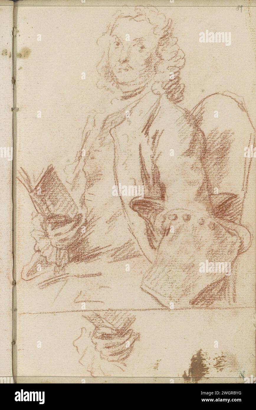 Homme assis avec livre et une main avec un livre, 1710 - 1772 page 89 recto d'un carnet de croquis avec 105 feuilles. papier. figurine assise à la craie. Livre - MM - livre ouvert Banque D'Images