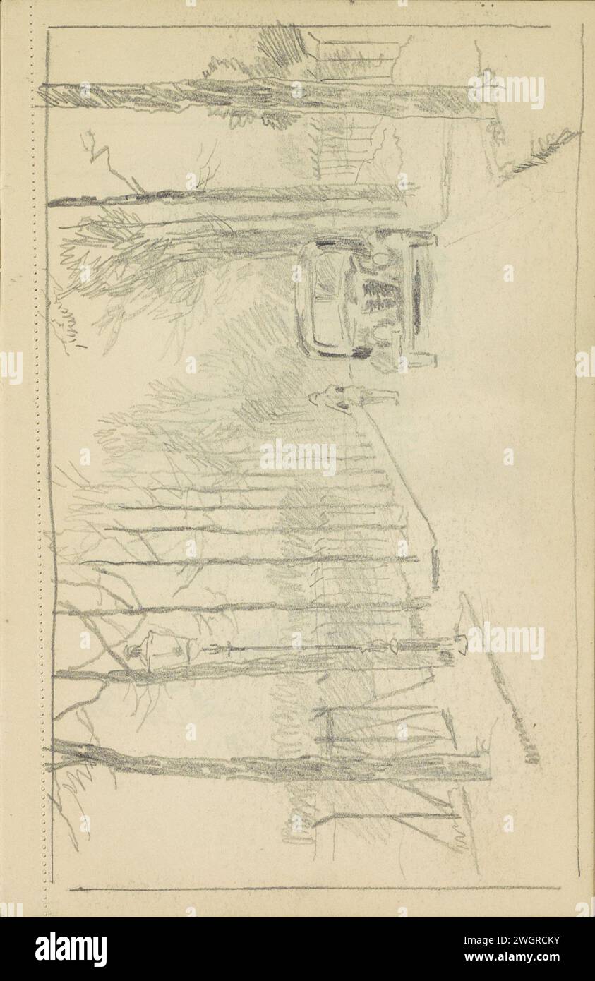 Voiture sur une Bomenlaan, 1890 - 1946 il y a un chiffre à côté de la voiture. Page 22 recto d'un carnet de croquis avec 73 feuilles. papier. véhicule à crayons. route, chemin Banque D'Images
