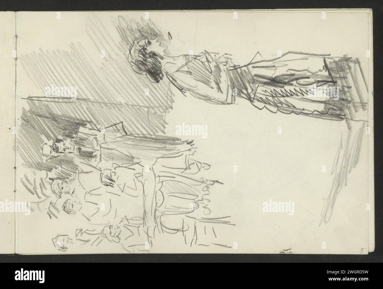 Figures assis et debout, peut-être artistes sur scène, 1875 - 1934 page 5 recto du carnet de croquis LXI avec 20 feuilles. Le document de la Haye (éventuellement). crayon homme adulte (+ debout). femme adulte (+ debout). groupe d'acteurs, troupe ; acteurs sur scène Banque D'Images