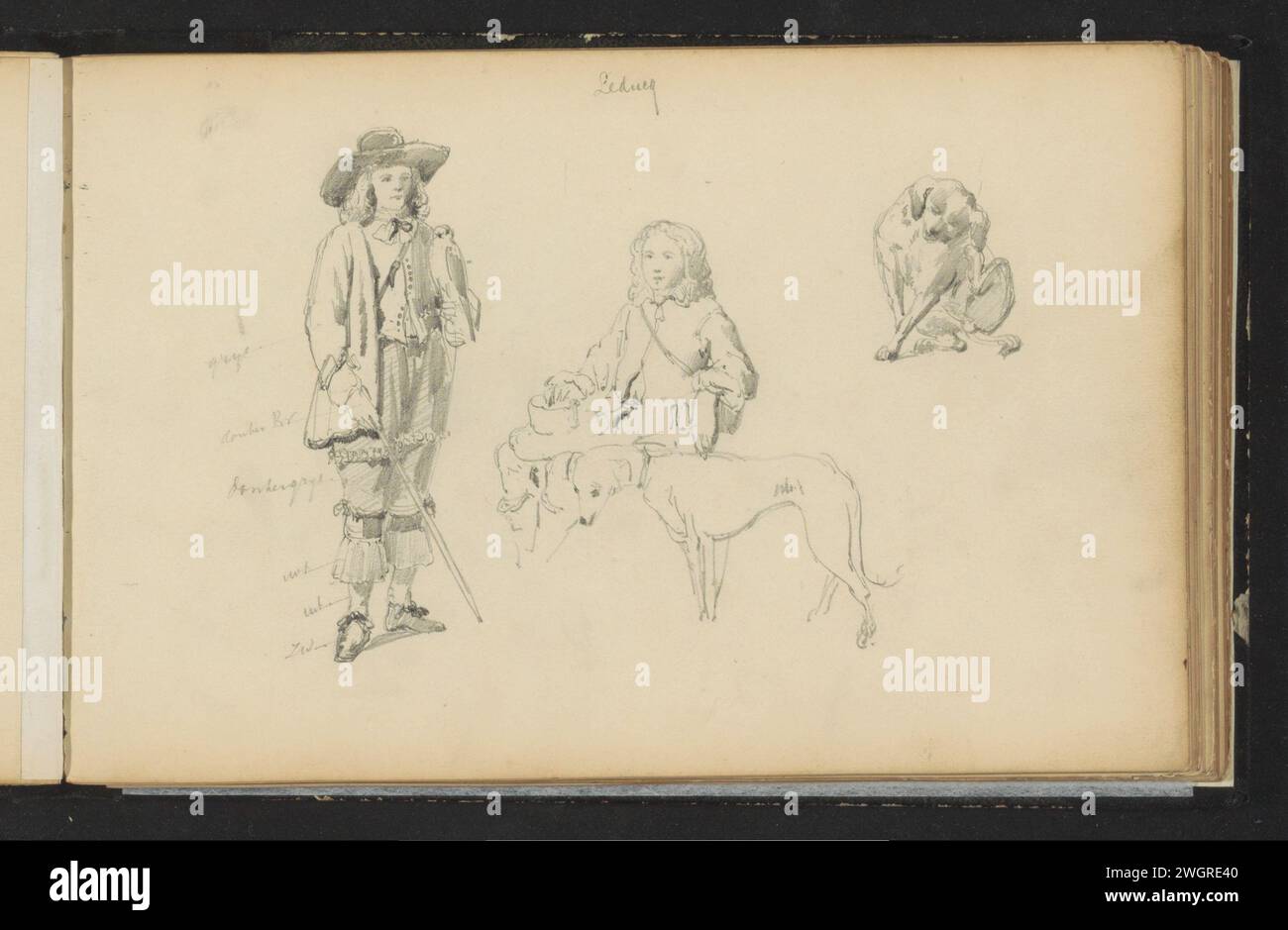 Deux garçons et deux chiens, Cornelis Springer, d'après inconnu, c. 1846 - c. 1882 sur la gauche un garçon debout. A côté de lui un garçon assis avec un chapeau sur ses genoux. Un chien avec lui. En haut à droite un autre chien. Feuille 38 d'un carnet de croquis avec 91 feuilles. Document néerlandais. crayon garçon (enfant entre tout-petit et jeune). chien Banque D'Images