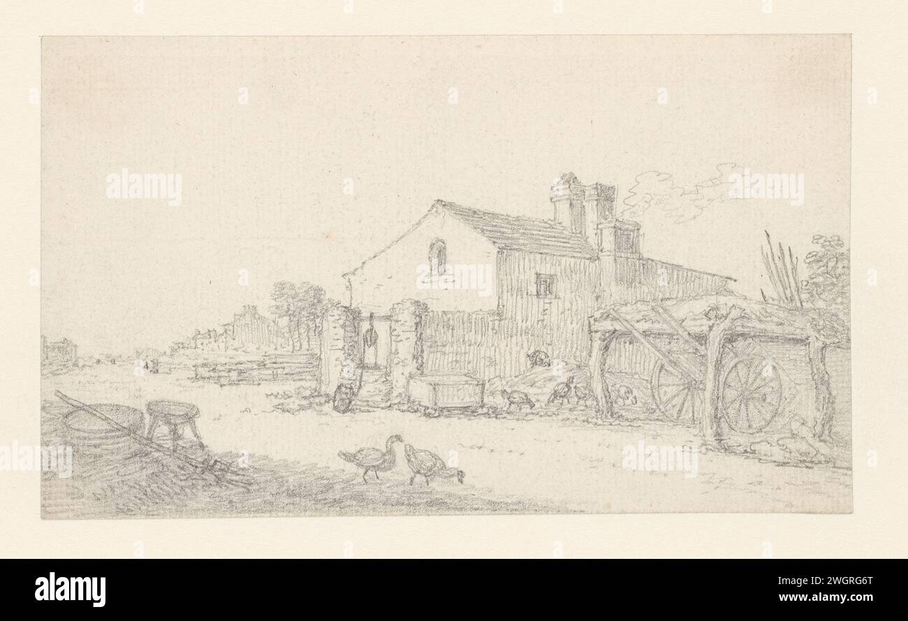 Ferme ; à droite d'un abri pour une voiture, Georges Michel, 1773 - 1843 papier à dessin. ferme à crayons ou maison solitaire dans le paysage Banque D'Images