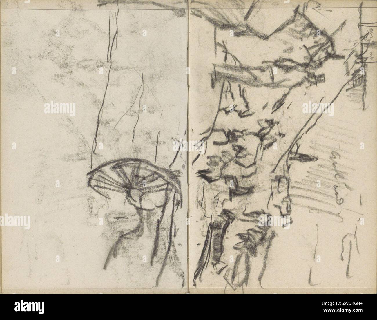 Vue sur une rue avec un cheval et une voiture, George Hendrik Breitner, c. 1909 vue sur une rue avec un cheval et une voiture. A gauche un homme près d'un cheval. Page 71 et page 72 d'un carnet de croquis avec 45 feuilles fabriquées à Amsterdam et Pittsburgh. Papier d'Amsterdam. chalk street. véhicule à quatre roues tiré par deux animaux. cheval Banque D'Images