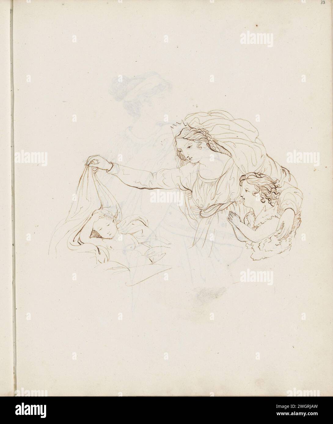 Maria, Jean-Baptiste et le christianisme, 1813 Maria porte une couronne et soulève un tissu avec sa main dans lequel l'enfant Christ est enveloppé. A côté d'elle se trouve Jean le Baptiste, vêtu d'un drap d'animal et les mains pliées en position de prière. Feuille 33 recto d'un carnet de croquis avec 91 feuilles. papier. crayon. Stylo à encre Marie et le Christ-enfant avec Jean le Baptiste (comme enfant) Banque D'Images