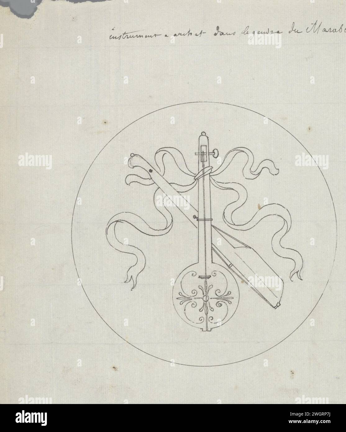 Instrument A Arch [?] Et dans le beau-fils du marabba arabe, en or avant 1828 l'un des 103 dessins pour marqueterie à partir de rubans suspendus aux instruments de musique en médaillons ronds, destiné à l'ensemble des chaises réalisées par Van Doren pour la grande salle du palais du Prince d'Orange à Bruxelles en 1828. Journal de Bruxelles. encre. trophée graphite (minéral), c'est-à-dire : arrangement décoratif d'objets symboliques ou typiques  ornement. Lyre, cithara, psaltère Palais Royal Banque D'Images