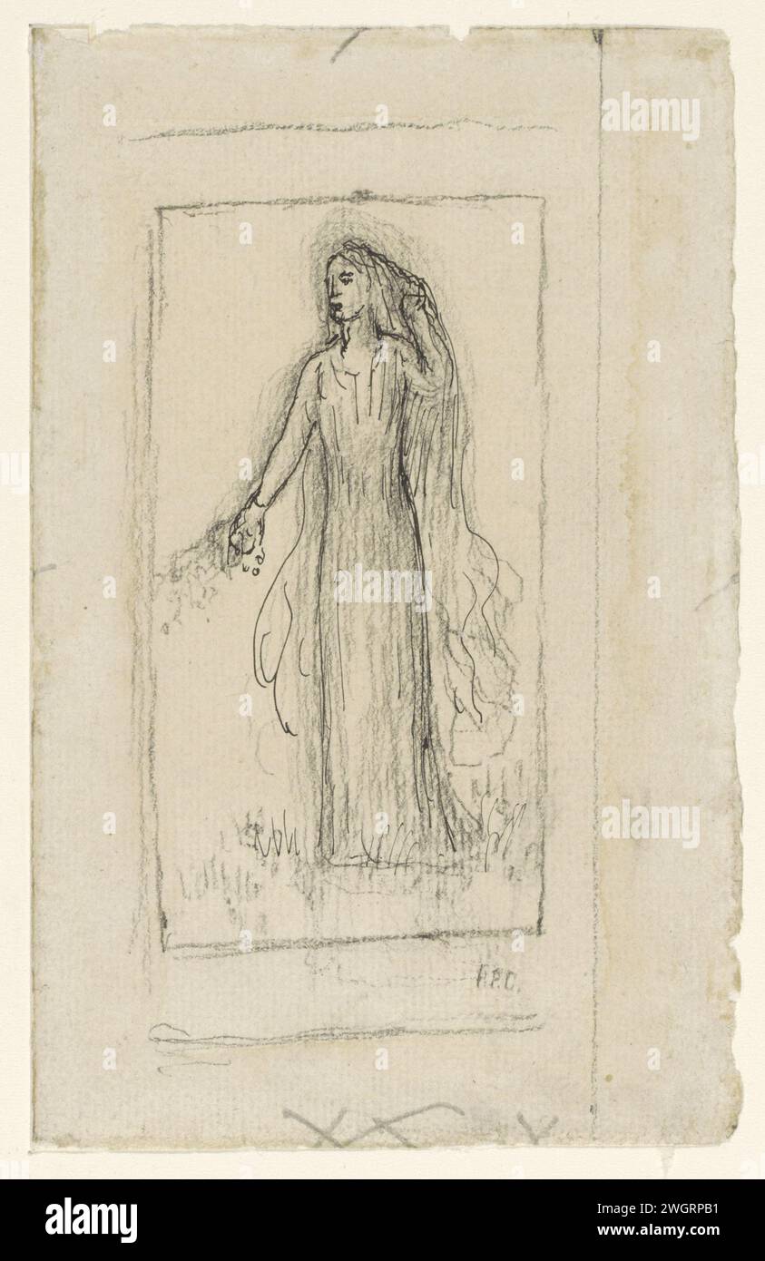 Croquis d'une fille debout avec des fleurs dans la main droite, Pierre Cécile Puvis de Chavannes, 1834 - 1898 papier à dessin. encre. Figurine debout stylo craie - AA - figure humaine féminine. adolescente, jeune femme, jeune fille. Cheveux - AA - figure humaine féminine Banque D'Images