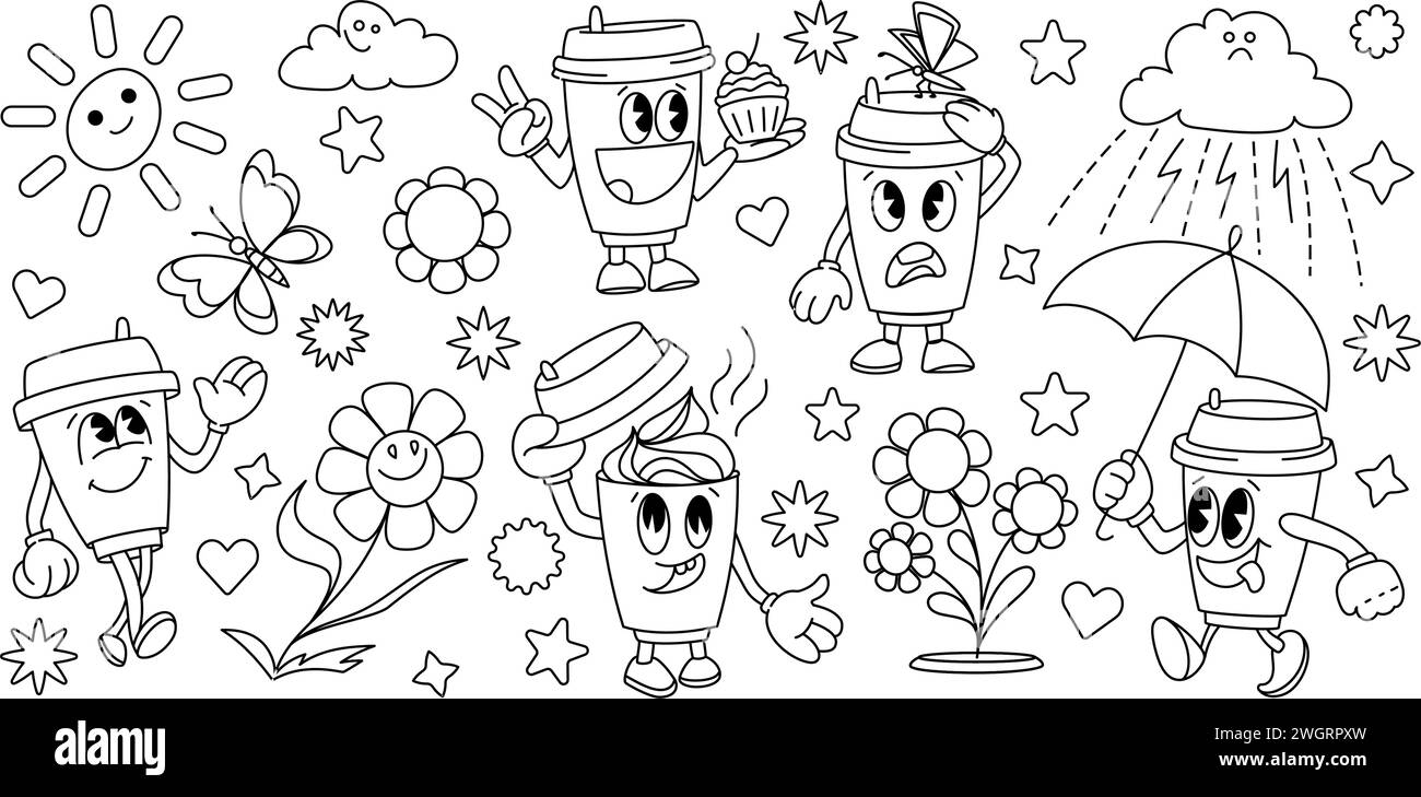 Ensemble de personnages groovy vintage, tasse à café marche et éléments de dessin animé rétro pour la conception d'autocollants, Illustration de Vecteur