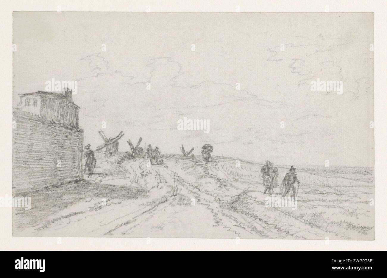 Route sur la Butte avec moulins en perspective, Georges Michel, 1773 - 1843 papier à dessin. Moulin à vent de crayon dans le paysage Butte Montmartre Banque D'Images