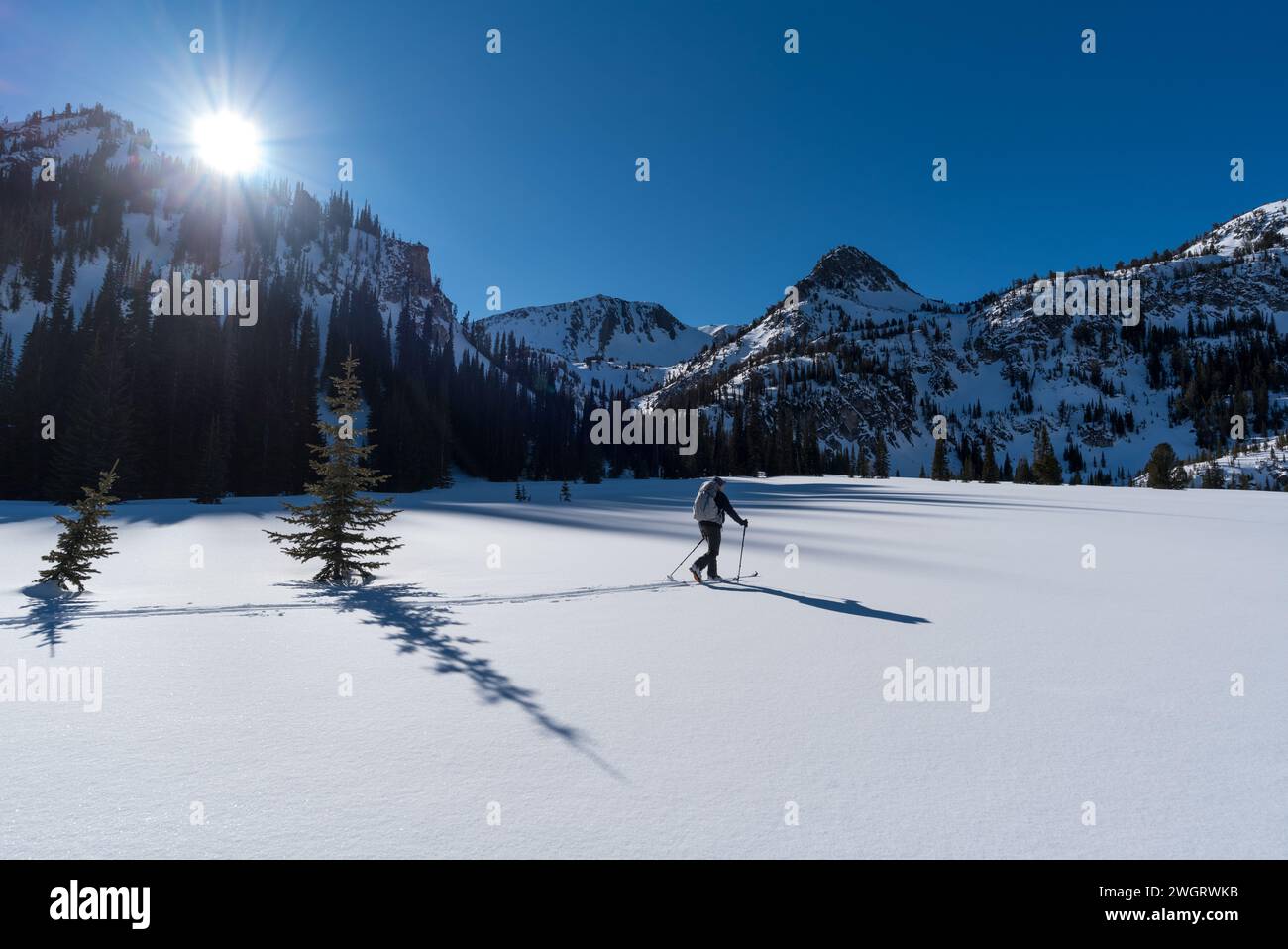 Skieur à Aneroid Basin, Wallowa Mountains, Oregon. Banque D'Images