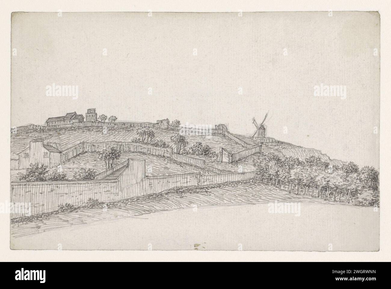 Landerijen Op de Butte, Georges Michel, 1773 - 1843 papier à dessin. encre. Moulin à vent stylo dans le paysage Butte Montmartre Banque D'Images