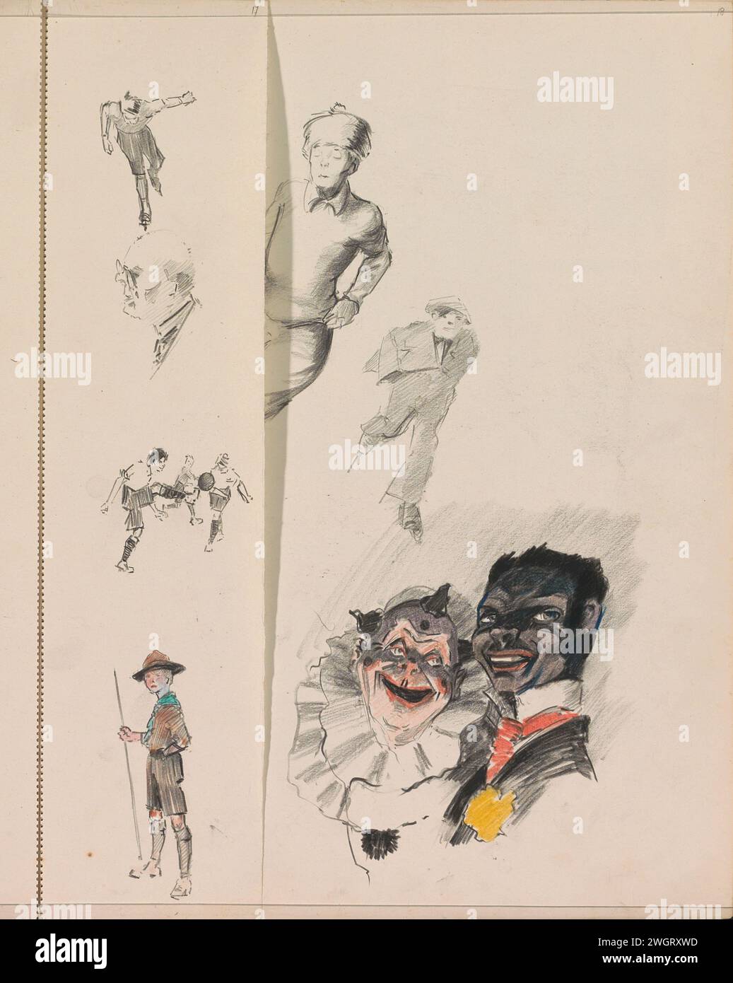 Études de figures, entre autres garçons de football, c. 1917 - c. 1919 études également d'un garçon patineur, un garçon en costume du garçon scout et une tête d'homme avec des lunettes. Page 17 tirée d'un carnet de croquis avec 28 magazines. papier. craie. brosse à encre soccer, football (premiers noms : soule, choule, cholle). patins (sports d'hiver). garçon (enfant entre tout-petit et jeune). tête (humaine) Banque D'Images