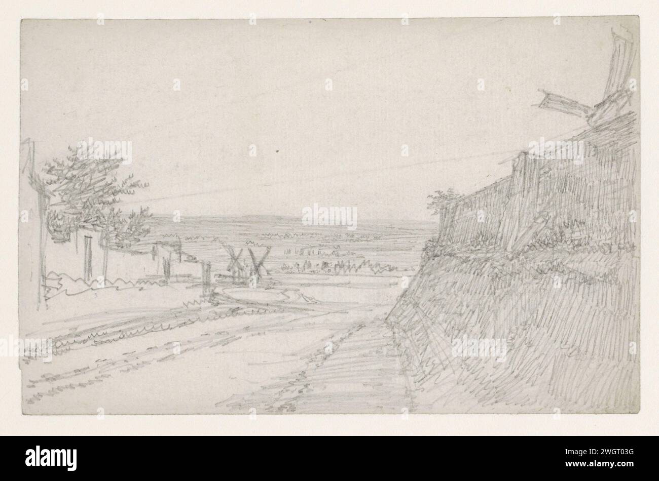 Vue de la Seine Vlakte ; à droite l'escarpement de la Butte, Georges Michel, 1773 - 1843 papier à dessin. Moulin à vent de crayon dans le paysage Butte Montmartre. Seine Banque D'Images