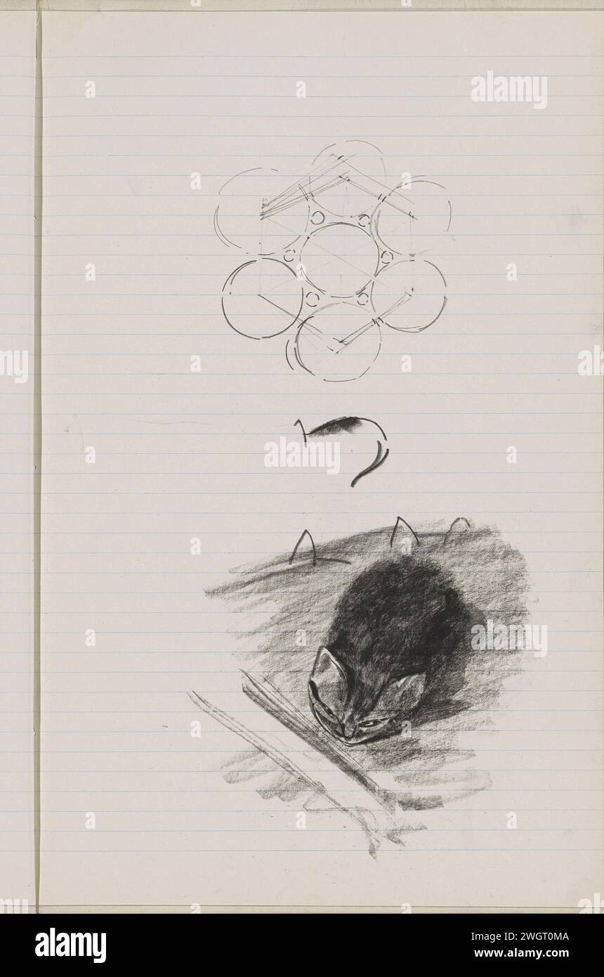 Fleur stylisée et un chat assis, c. 1901 feuille 70 recto d'un carnet de croquis avec 79 feuilles. Fleurs de craie  ornement - AA - stylisé. cat Banque D'Images