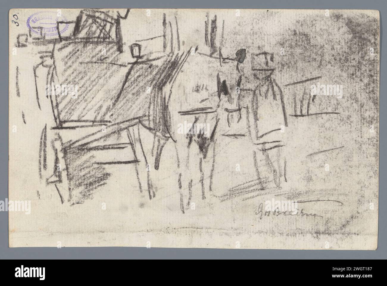 Calèche, peut-être une voiture de location (singe), 1886 - 1923 dessin à côté du cheval se trouve un homme, peut-être le carrossier. Papier d'Amsterdam. craie véhicule à quatre roues, tiré par des animaux, par exemple : cabine, voiture, autocar. cheval Banque D'Images