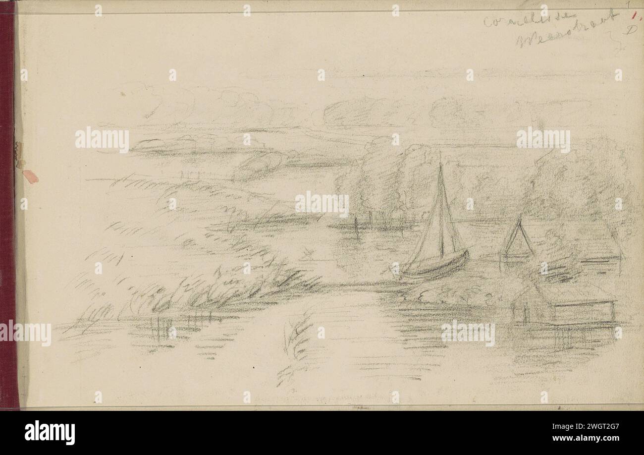 Paysage fluvial avec maisons et voiliers, 1834 - 1911 page 1 recto d'un carnet de croquis avec 25 feuilles. papier. paysages de craie avec des eaux, des paysages aquatiques, des paysages marins (dans la zone tempérée). voilier, voilier Banque D'Images