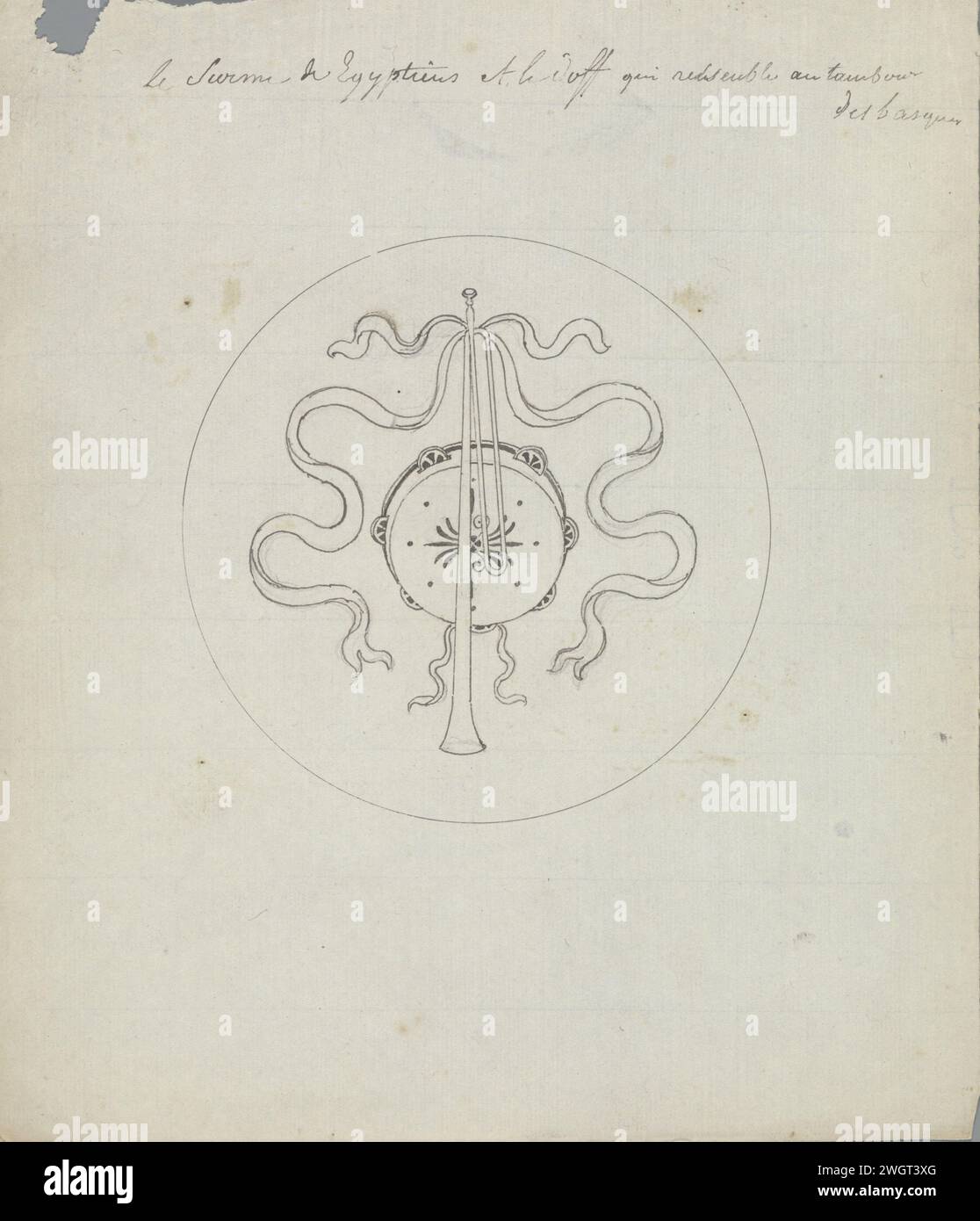 Le Surmi égyptien [?] Le Doff qui ressemble au tambour des Basques, en or avant 1828 l'un des 103 dessins pour marqueterie à partir de rubans - instruments de musique suspendus en médaillons ronds, destiné à l'ensemble des chaises réalisées par Van Doren pour la grande salle du palais du Prince d'Orange à Bruxelles en 1828. Journal de Bruxelles. encre. tambourin graphite (minéral). Trophée, c'est-à-dire : arrangement décoratif d'objets symboliques ou typiques  ornement Palais Royal Banque D'Images