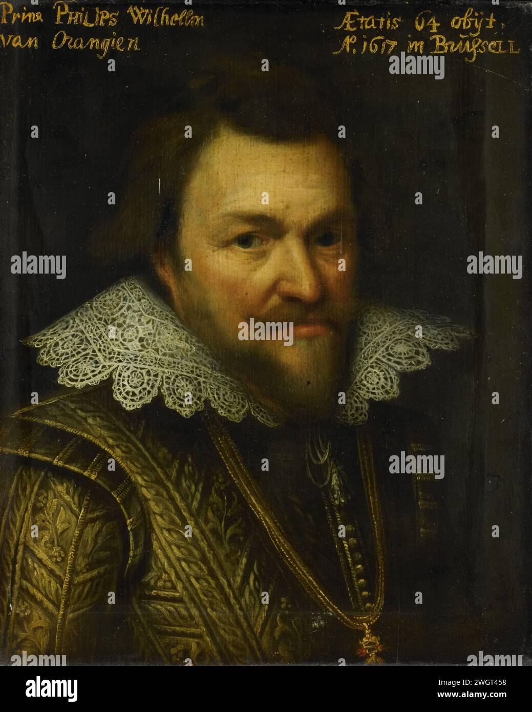 Portrait de Philips Willem (1554-1618), Prince d'Orange, Michiel Jansz van Mierevelt (atelier de), c. 1609 - c. 1633 peinture Portrait de Philips Willem (1554-1618), Prince d'Orange. Buste à droite. Fait partie de la série de portraits du Stadhouderlijk Hof à Leeuwarden. panneau. peinture à l'huile (peinture) personnes historiques Banque D'Images