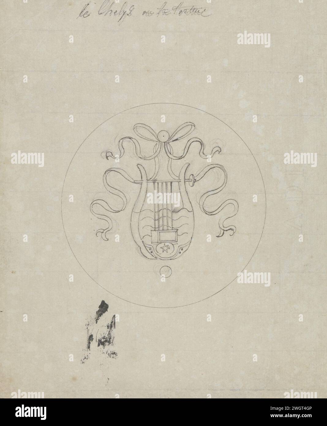 Le Chelys ou le cupcake, en 1828 ou avant, l'un des 103 dessins pour marqueterie à partir de rubans suspendus à des instruments de musique en médaillons ronds, destinés à l'ensemble de chaises réalisé par Van Doren pour la grande salle du palais du Prince d'Orange à Bruxelles en 1828. Journal de Bruxelles. encre. trophée graphite (minéral), c'est-à-dire : arrangement décoratif d'objets symboliques ou typiques  ornement. Lyre, cithara, psaltère Palais Royal Banque D'Images