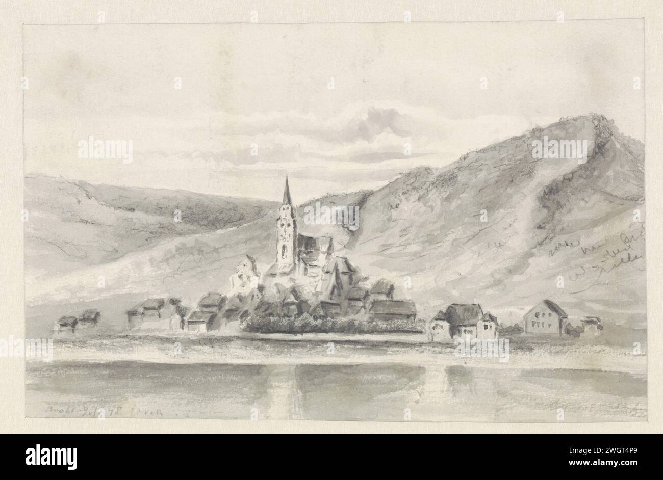 Vue de Brohl, Jan Veth, 1878 papier à dessin. Pinceau de craie perspective du village, silhouette du village Brohl-Lützing Banque D'Images