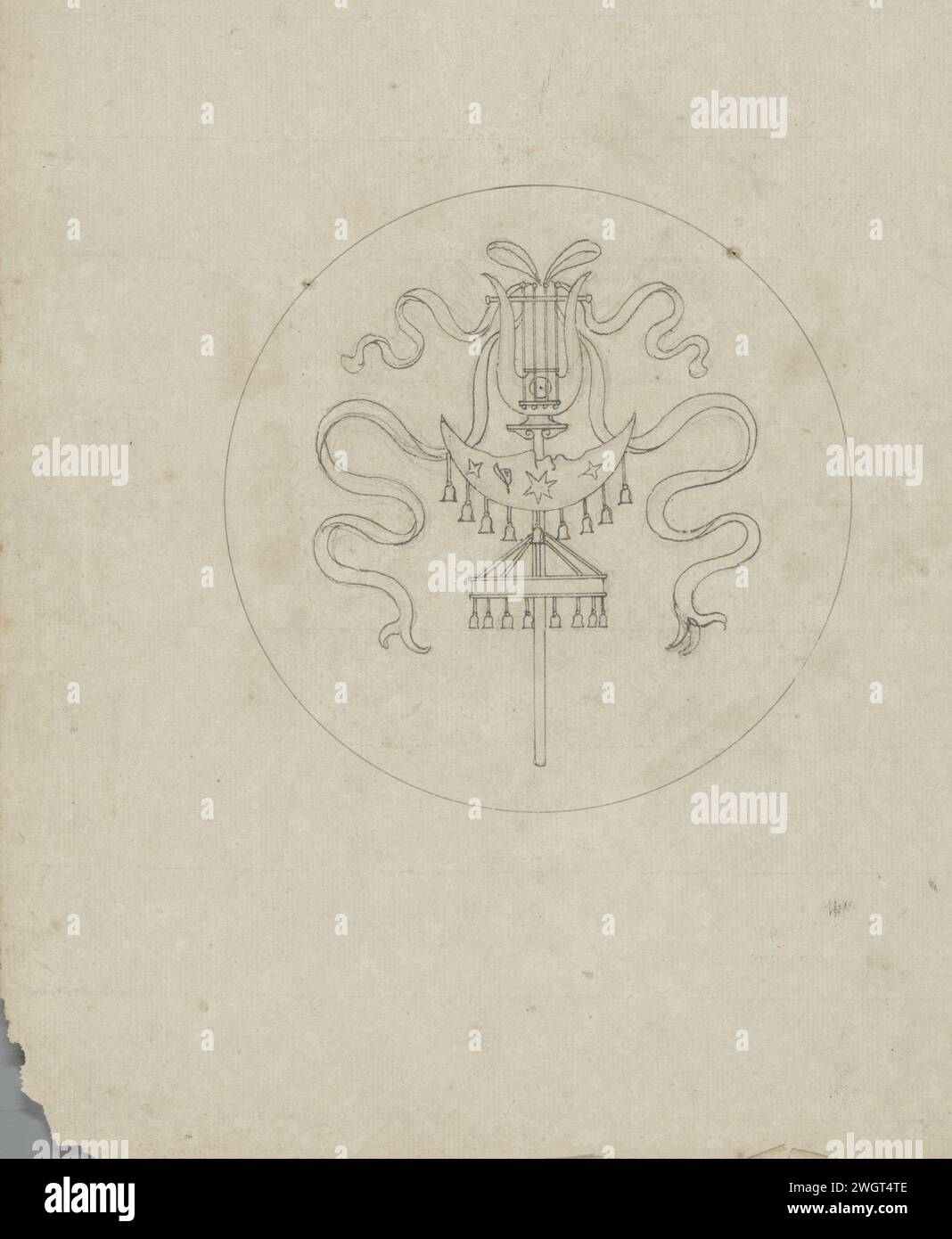 Instrument en forme de lier à bulles, en 1828 ou avant, l'un des 103 dessins pour marqueterie à partir de rubans - instruments de musique suspendus en médaillons ronds, destinés à l'ensemble de chaises réalisées par Van Doren pour la grande salle du palais du Prince d'Orange à Bruxelles en 1828. Journal de Bruxelles. encre. instruments de musique en graphite (minéraux) ; groupe d'instruments de musique. Trophée, c'est-à-dire : arrangement décoratif d'objets symboliques ou typiques  ornement Palais Royal Banque D'Images