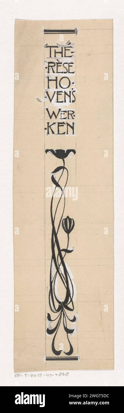 Conception d'un pont de livre pour : Thérèse Hoven, Mariëtte, 1898, Willem Wenckebach, en ou avant 1898 dessin conception avec des fleurs stylisées sous le nom de l'auteur et le titre du livre. Verso un dessin au crayon. papier. Encre de Inde (encre). crayon. Deck peinture stylo / pinceau fleurs  ornement - AA - stylisé Banque D'Images