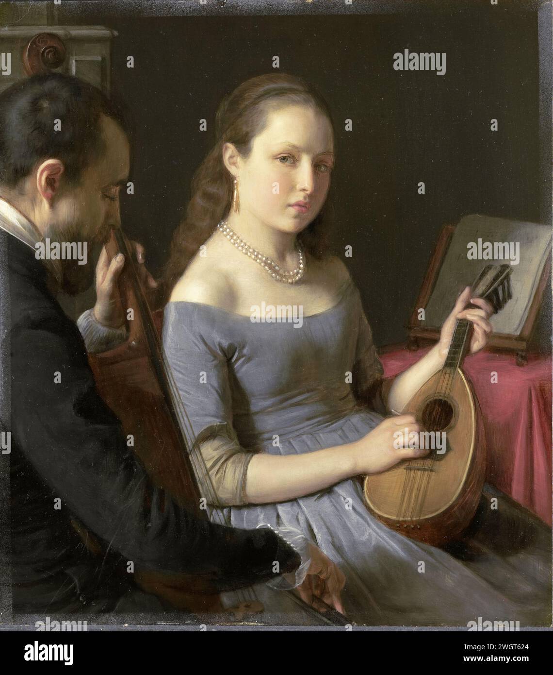 Le duo, Charles van Beveren, 1830 - 1850 peindre Une fille joue sur un cité et un gentleman sur une cellule de violon. panneau. peinture à l'huile (peinture) luth, et formes spéciales de luth, par exemple : theorbo. alto, violoncelle ; contrebasse Banque D'Images