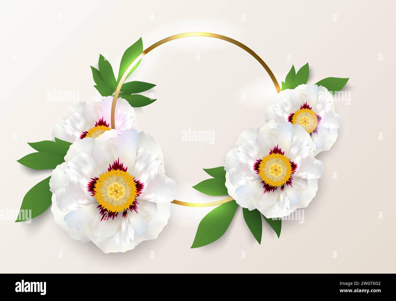 Cadre de logo de cercle doré avec de grandes fleurs de pivoine blanches. Cadre rond en or, fleur, feuille verte sur fond crémeux. Pour carte de vœux, invitation Illustration de Vecteur