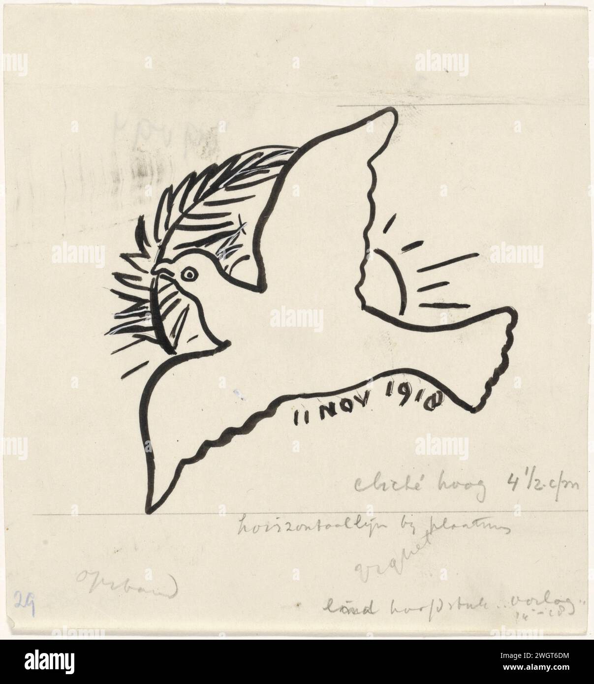 Peace Pigeon, Leo Set, 1934 - 1936 papier à dessin. peinture de pont. Encre de Inde (encre). Pinceau crayon (COHEN, Van Anarchist tot monarchiste) œuvres littéraires spécifiques (avec AUTEUR, titre). autres oiseaux : colombe. Liberté, liberté ; 'Libertà' (Ripa) Banque D'Images