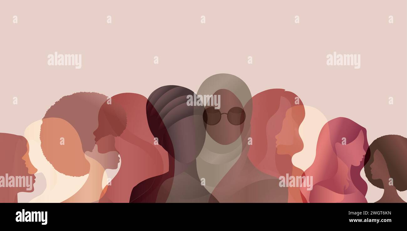 Silhouette de groupe de femmes multiculturelles. Journée internationale de la femme. Diversité - inclusion - égalité ou concept d'autonomisation. Espace de copie de la bannière Illustration de Vecteur