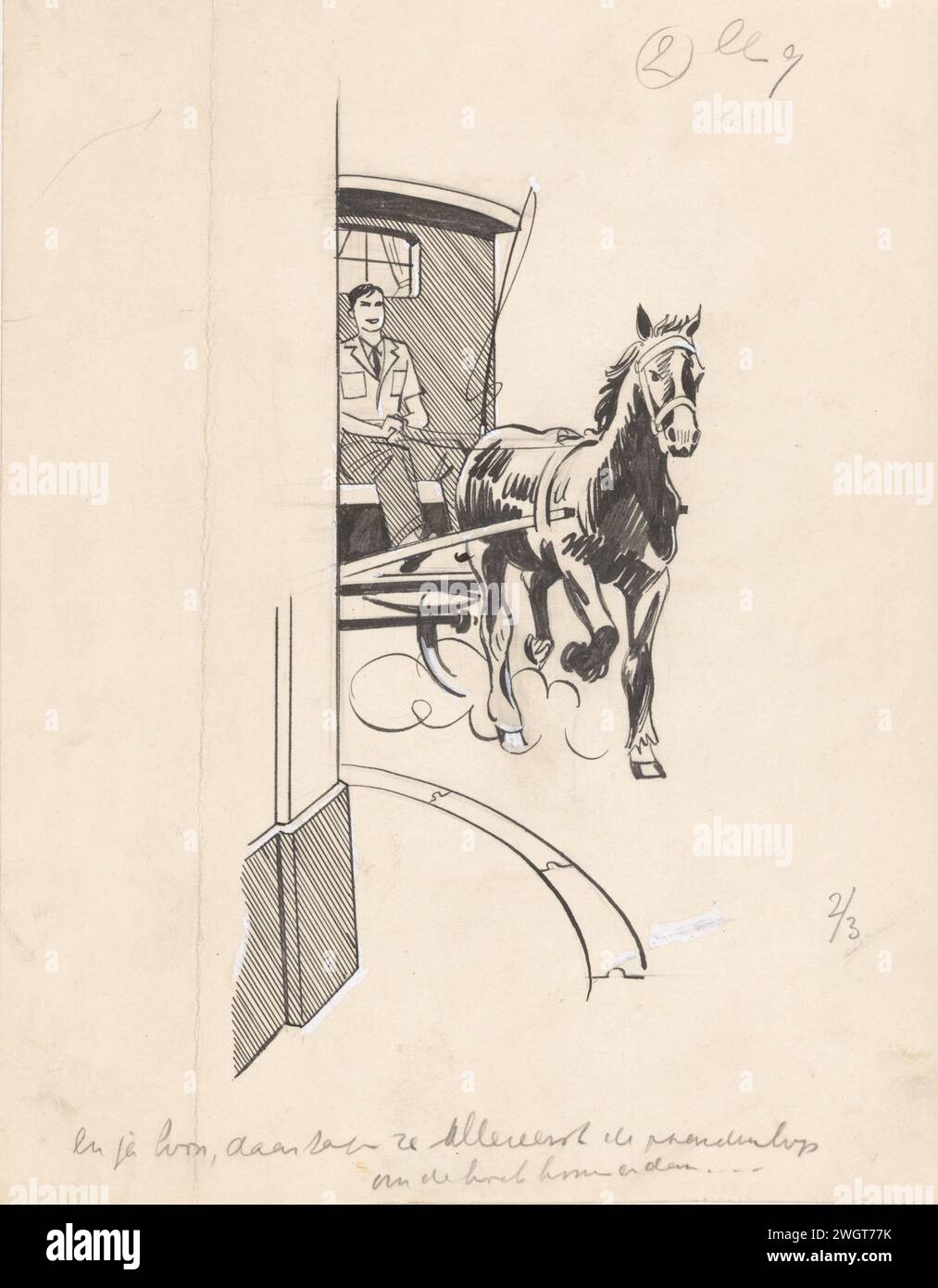 Jeune homme contrôle un cheval et une voiture, en 1945 ou avant dessin Un jeune homme est à l'avant d'une voiture et tient les rênes avec lesquelles il contrôle un cheval. La voiture arrive au coin de la rue. papier. Encre de Inde (encre). peinture de pont. stylo crayon / pinceau traction animale, véhicule tiré par des animaux (chariot et c.). cheval. rue Banque D'Images