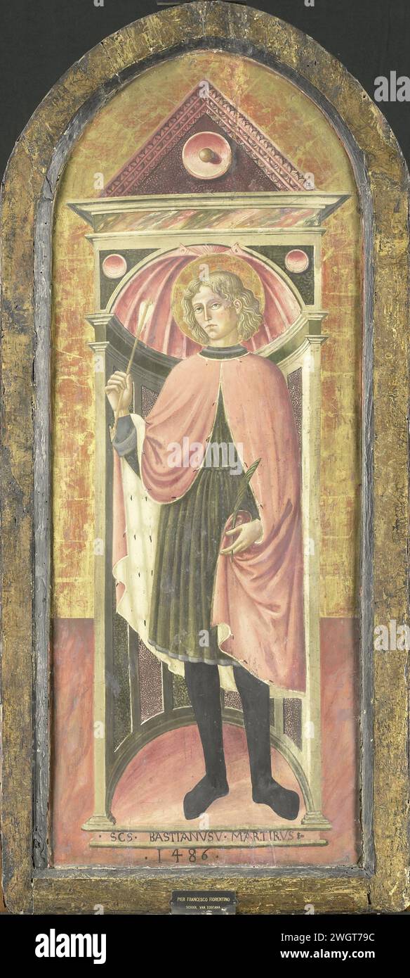 Saint Sébastien, anonyme, 1460 - 1499 peinture. Fragment Saint Sebastiaan, debout devant, dans une niche en pierre. Dans la main droite une flèche, une branche de palmier dans la main gauche. Avec SK-A-3398, c'était un retable ou un ensemble plus grand. Panneau Florence. Peinture à l'huile (peinture) le martyr Sebastian ; attributs possibles : flèche(s), arc, tronc d'arbre Banque D'Images